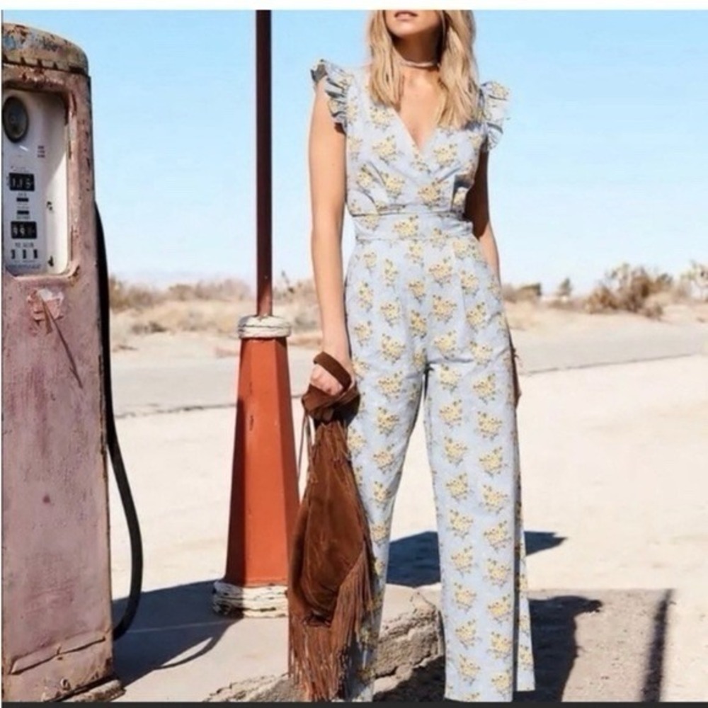 Happy X Nature Blue Yellow Floral Cotton Wide‎ Leg Ruffle Jumpsuit 18 Cottage